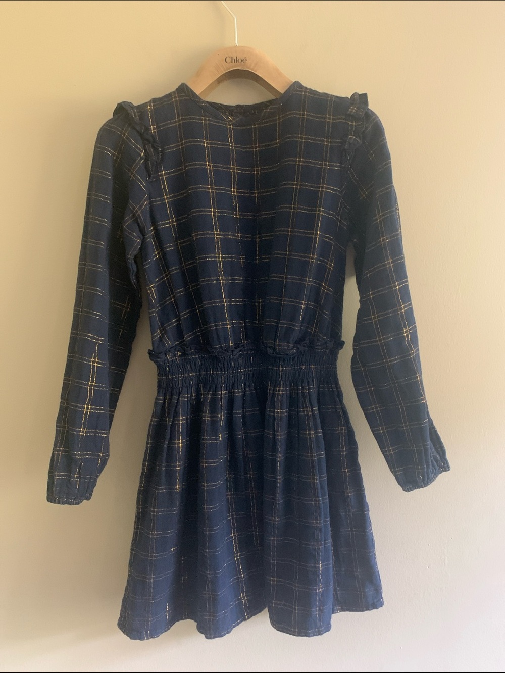 LOUIS LOUISE Girl Navy Plaid Long-Sleeve Dress with Gold Thread